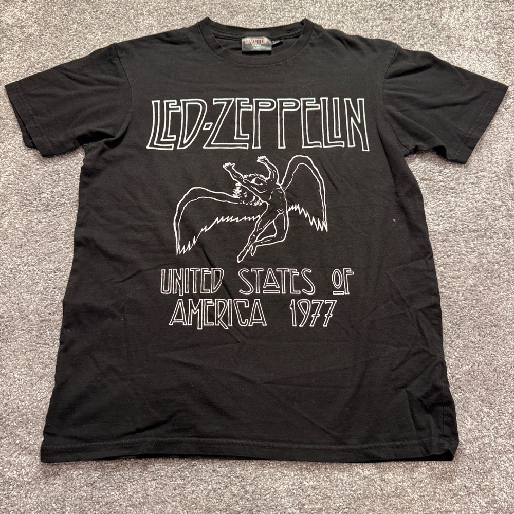 Led Zeppelin T Shirt Mens XS Black White Cotton Swan Song 1977 Tour Rock Graphic